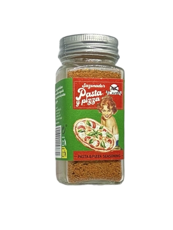 Dåse med pasta og pizza krydderiblanding stående ved siden af friske tomater