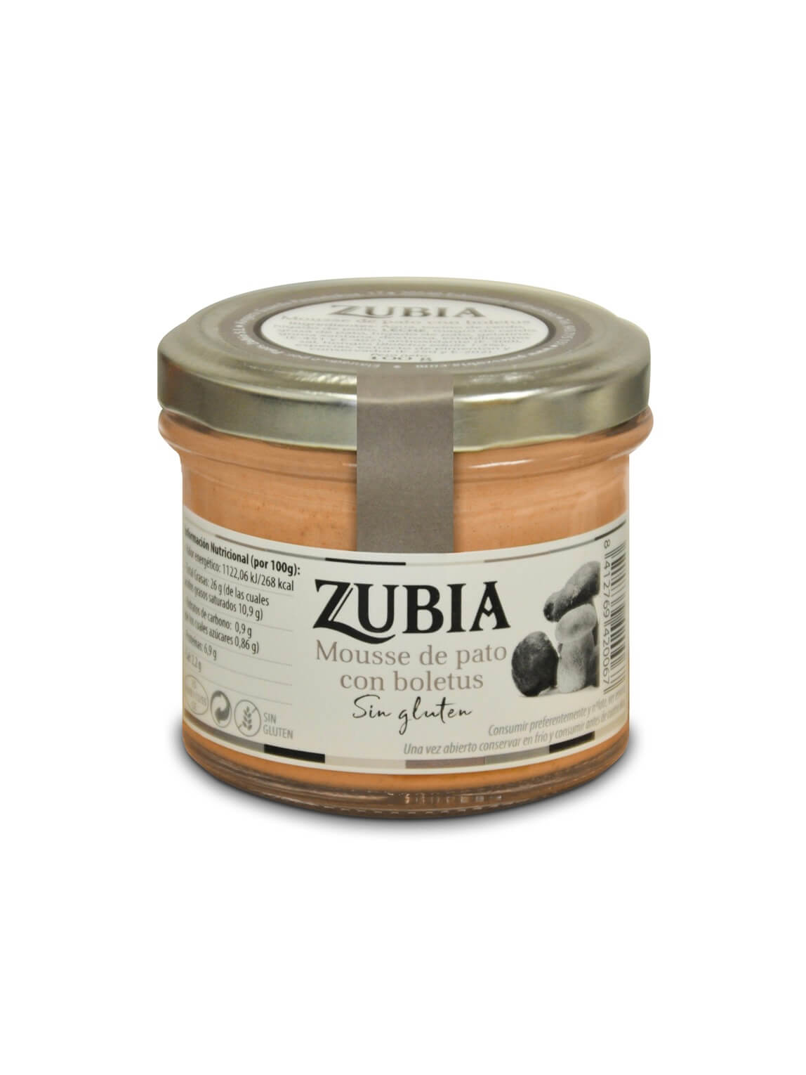 En elegant flaskeformet tabel af Andemousse med Boletus fra Made In Spain - silkeblød emulsion af andekød, fjerkrælever og vilde boletus-svampe