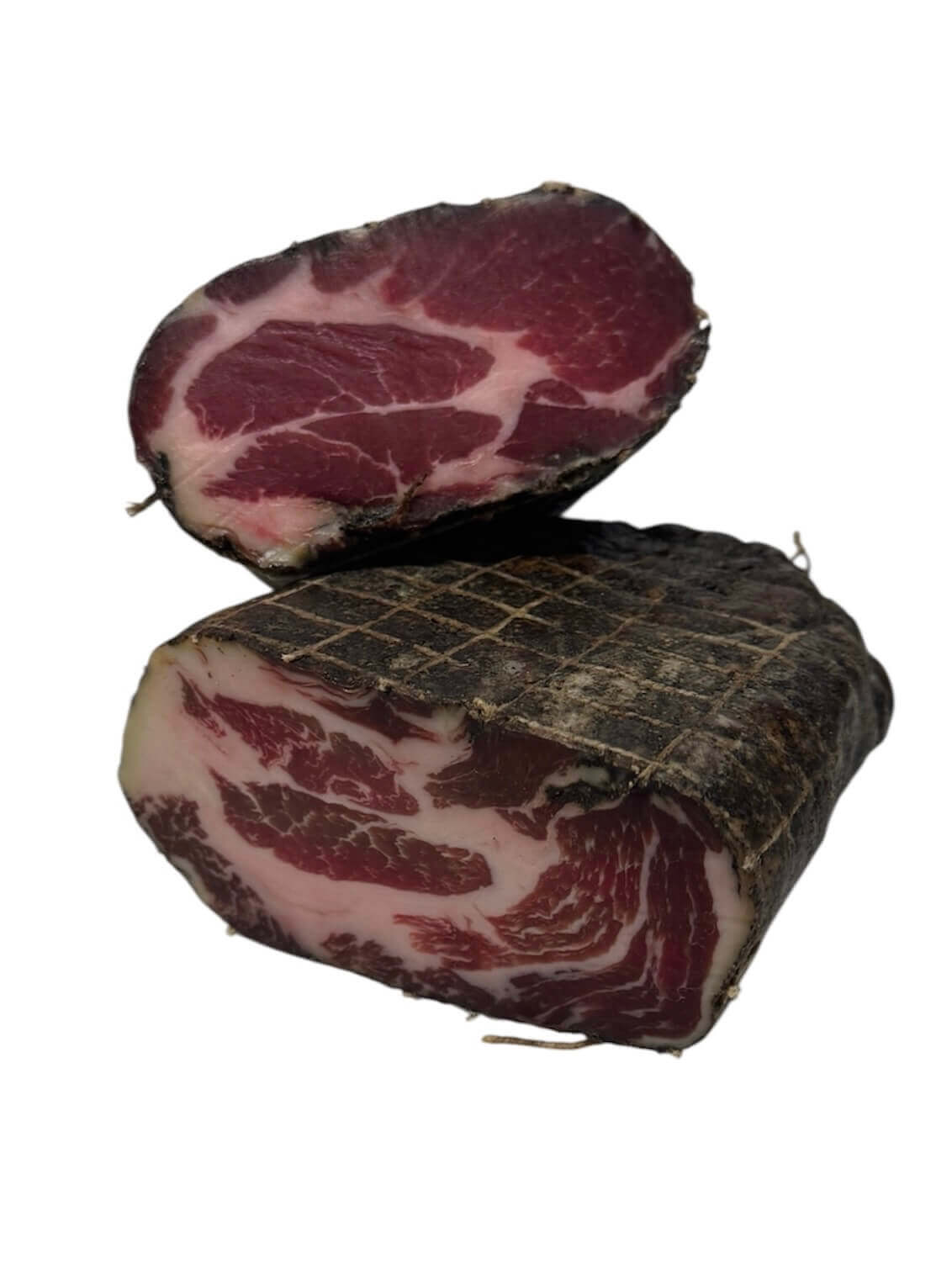 Cabecero de Lomo med tydelig fedtmarmorering og kant af sort peber