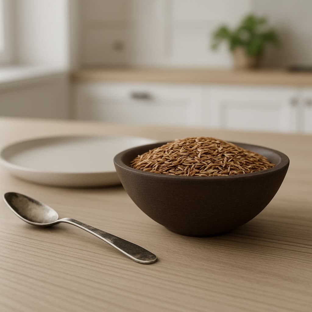 kommen frø i en skål på et bord