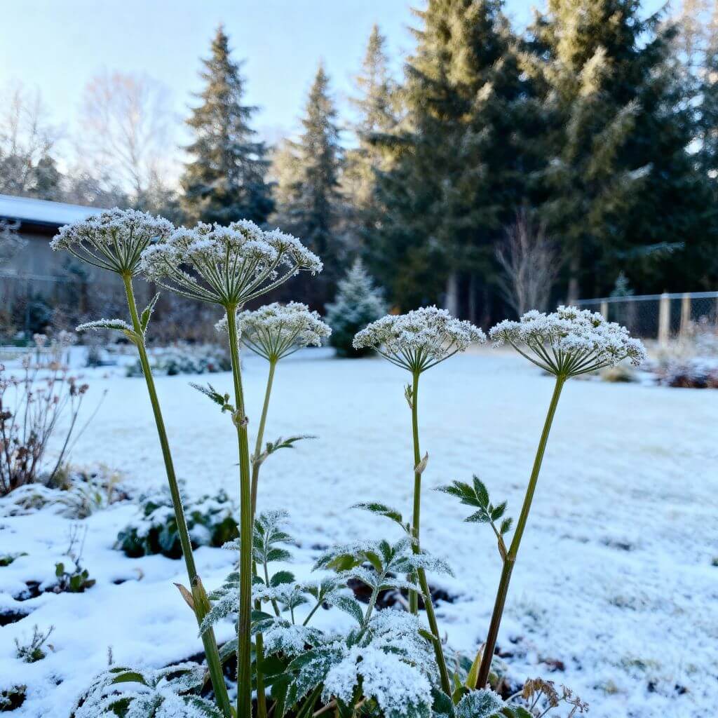 Angelica archangelica KVAN set om vinteren med sne i Danmark