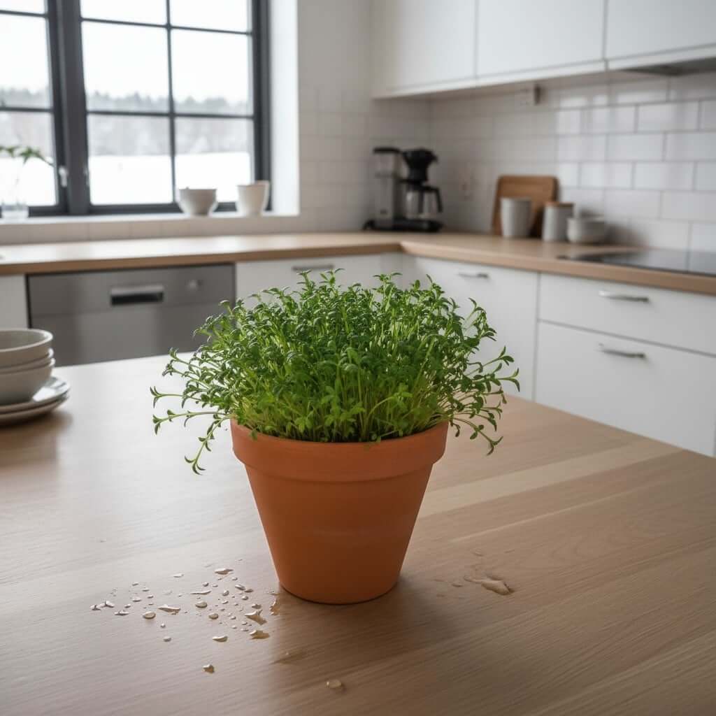 Karse i ler potte på et køkkenbrod i Danmark.