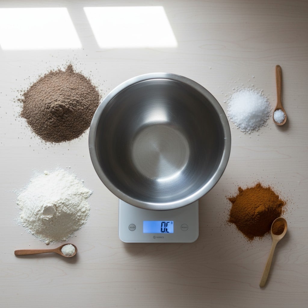 Vej rugmel, hvedemel, salt og spidskommen i en skål.