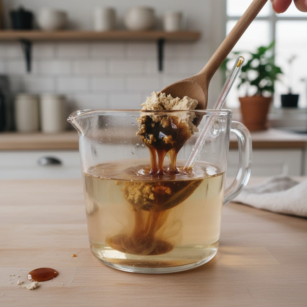 Rør gær og mørk sirup ud i lunkent vand (30–35 °C).