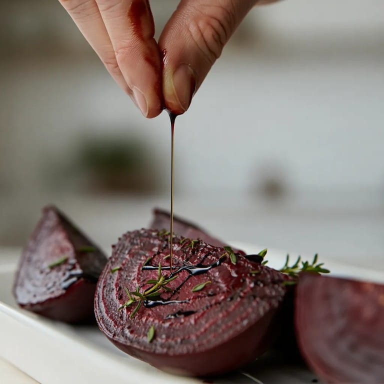 Dryp balsamico eller citronsaft over de varme rødbeder.