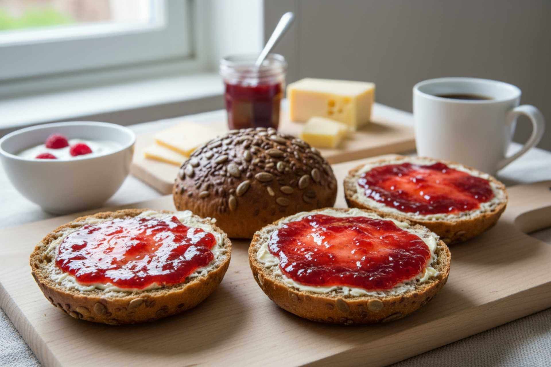 Rugstykker lavet i airfryer serveret med smør og marmelade