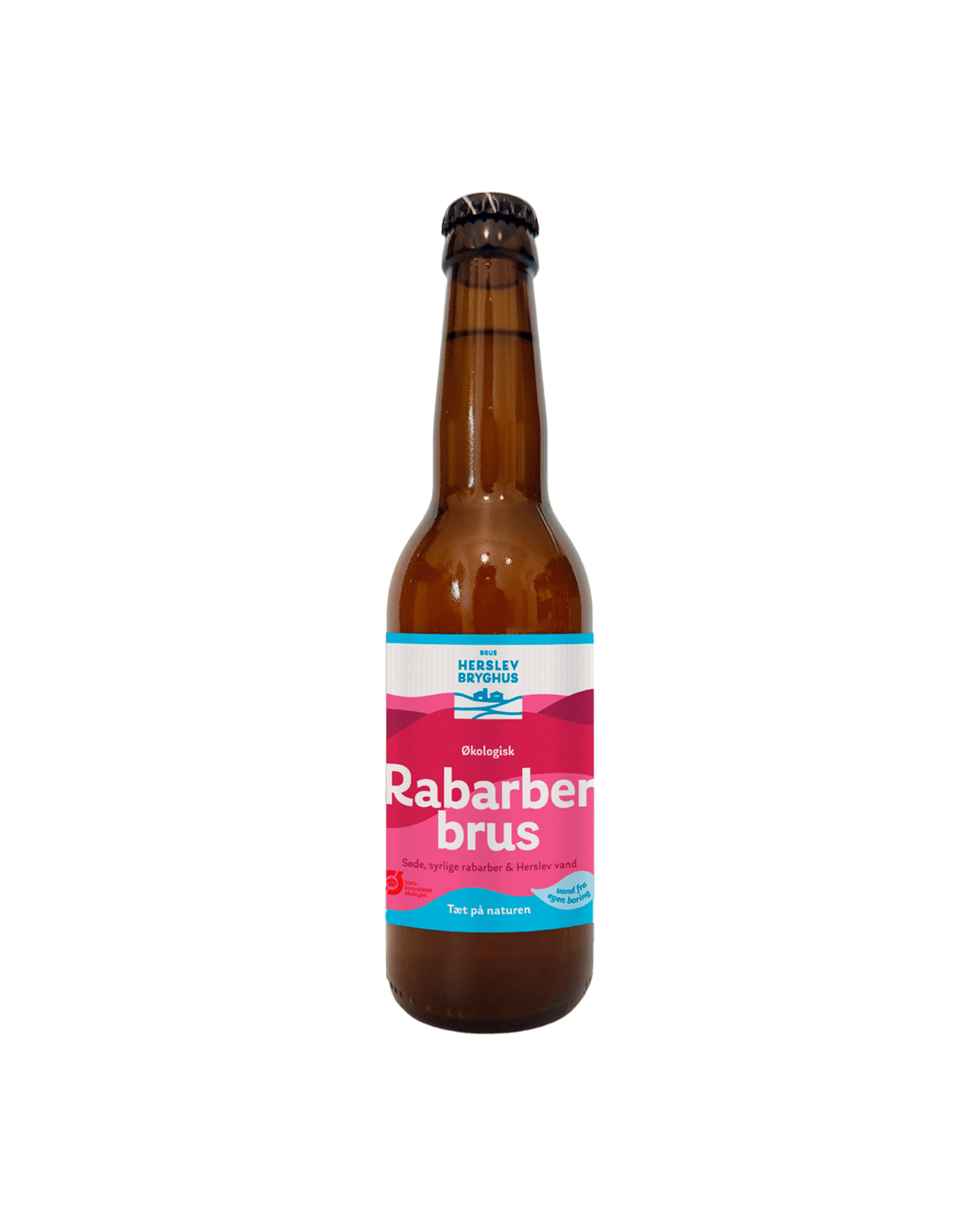 Flaske med lyserød Økologisk Rabarber sodavand rabarber Brus