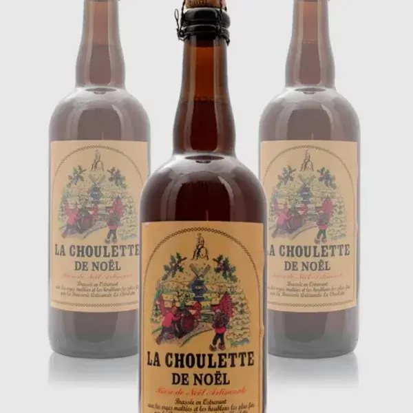 Stor flaske med Brasserie La Choulette juleøl med korkprop.