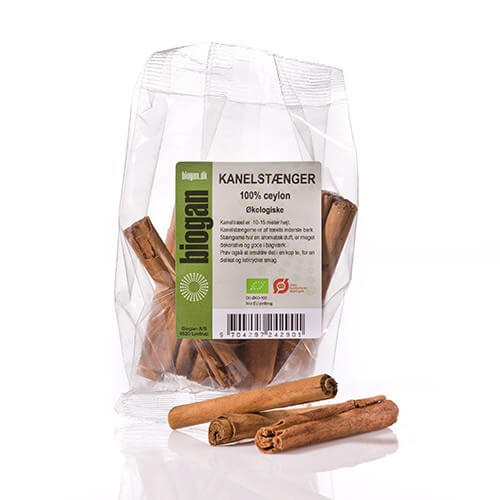 Pose med hele stænger af økologisk Ceylon kanel fra Biogan.