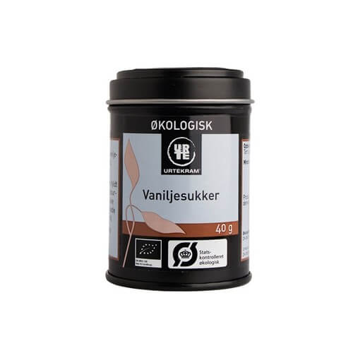 Bøtte med økologisk vaniljesukker med synlige sorte vaniljekorn.