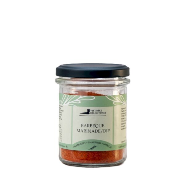Glas med rød Barbeque Marinade Dip krydderiblanding fra Vestjyske Delikatesser