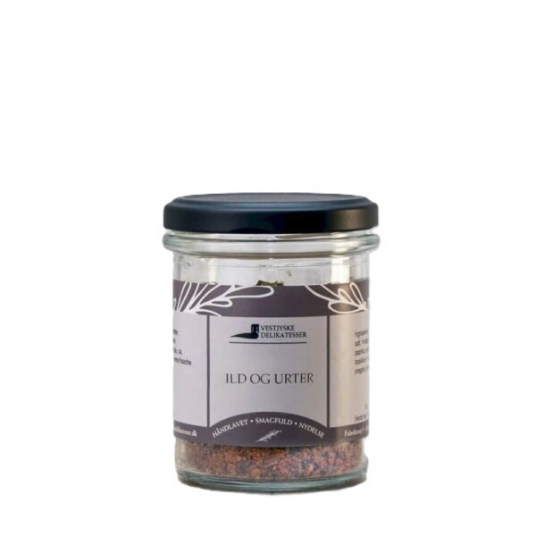 Glas med rødlig Ild og urter krydderiblanding fra Vestjyske Delikatesser