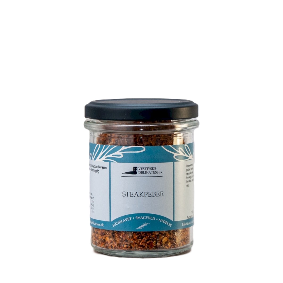 Glas med grov Steakpeber krydderiblanding fra Vestjyske Delikatesser