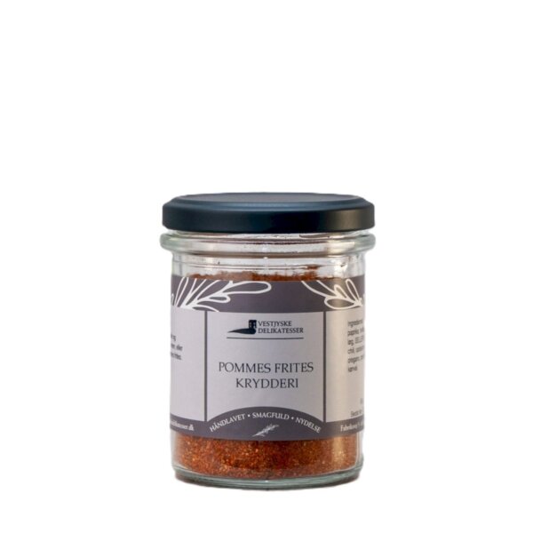 Glas med rødligt Pommes Frites Krydderi fra Vestjyske Delikatesser