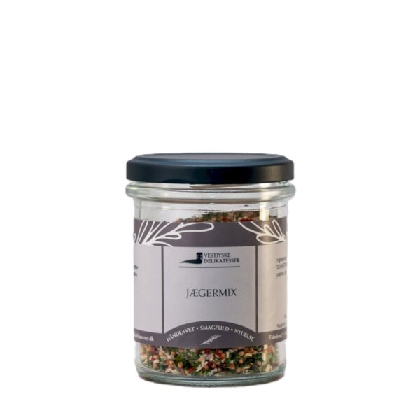Glas med Jægermix krydderiblanding med sennepsfrø fra Vestjyske Delikatesser