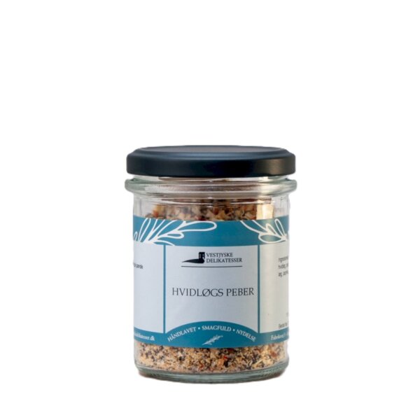 Glas med Hvidløgspeber krydderiblanding fra Vestjyske Delikatesser