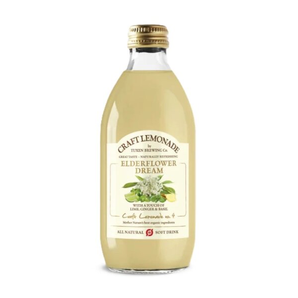Flaske med Tuxen Hyldeblomst lemonade klar til servering