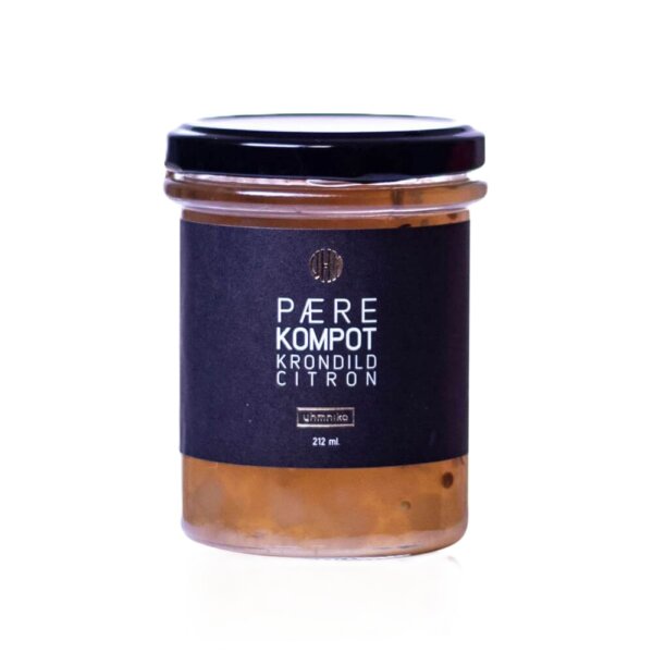 Glas med Uhmnika Pærekompot med Krondild og Citron klar til ostebordet