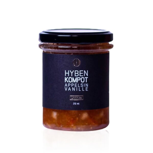 Glas med Uhmnika Hybenkompot med Appelsin og Vanilje klar til servering