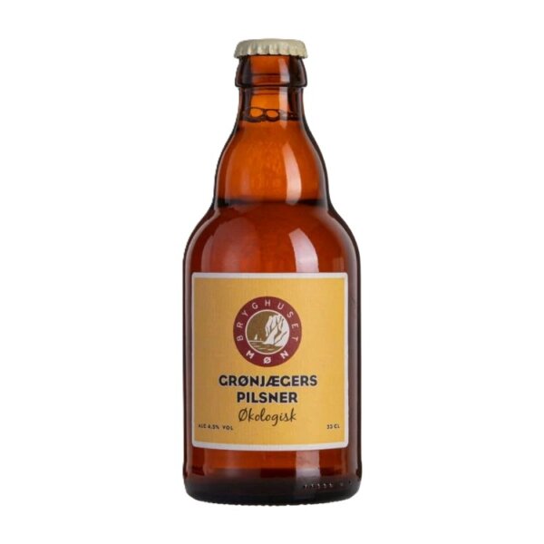 Flaske med Bryghuset Møn Grønjægers Pilsner og gyldent øl i glas