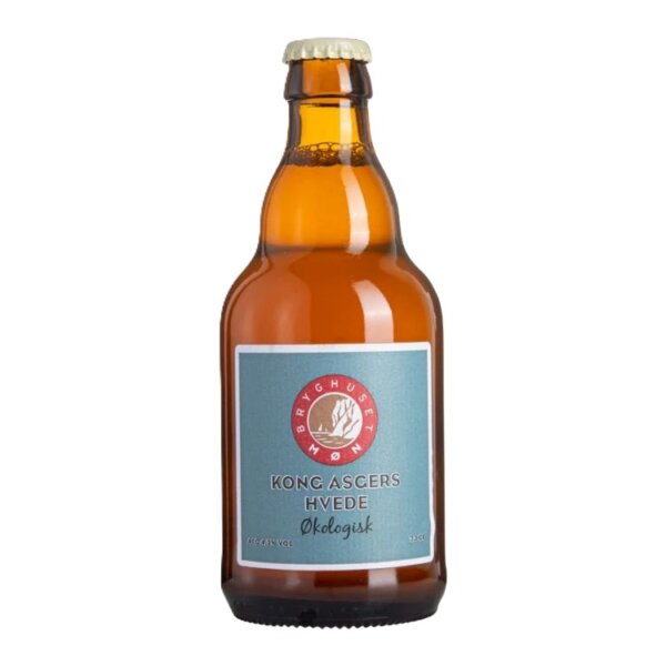 Flaske med Bryghuset Møn Kong Asgers Hvede og lys hvedøl i glas