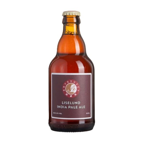 Flaske med Bryghuset Møn Liselund IPA og ravgyldent øl i glas