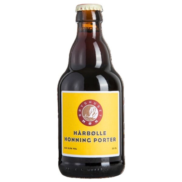 Flaske med Bryghuset Møn Hårbølle Honning Porter og mørk øl i glas