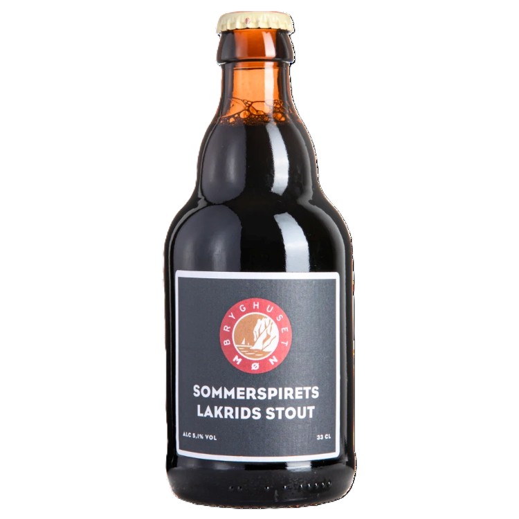 Flaske med Bryghuset Møn Sommerspirets Lakrids Stout og mørk øl i glas