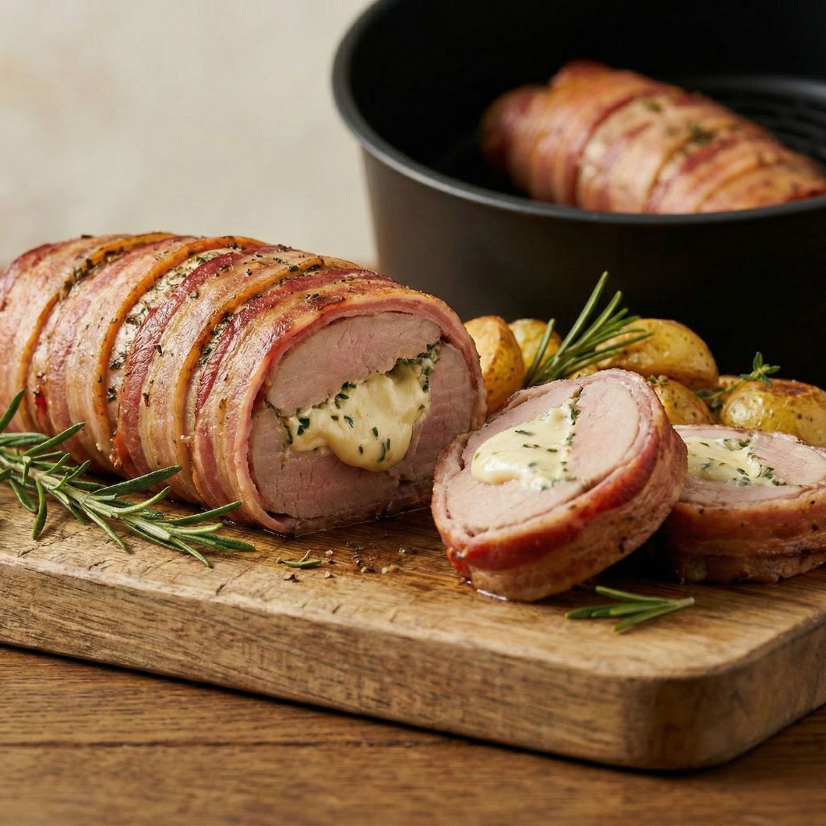 Fyldt mørbrad med flødeost og bacon i airfryer