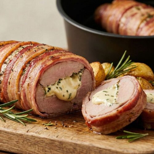 Fyldt mørbrad med flødeost og bacon på bord i nyt nordisk køkken – klar til servering
