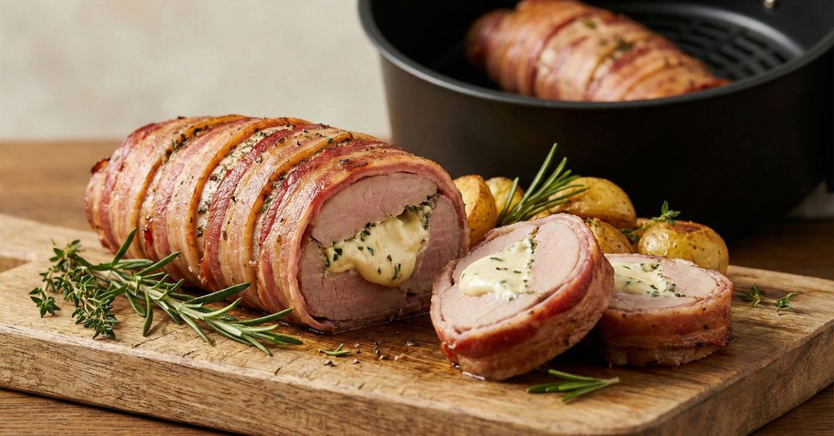 Fyldt mørbrad med flødeost og bacon på bord i nyt nordisk køkken – klar til servering