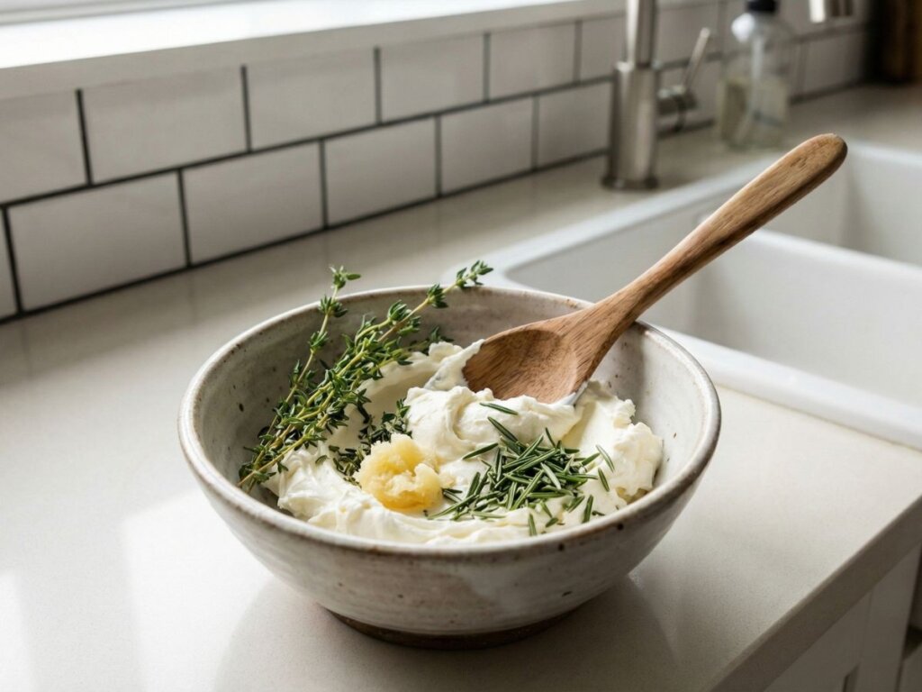 Morten blander floedeost med frisk timian rosmarin og hvidloeg i en lille skaal paa koekkenbordet til fyldt svinemoerbrad