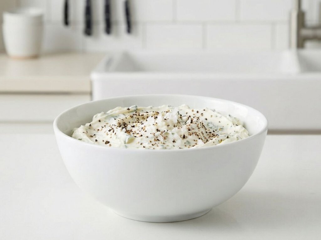 naerbillede af floedeostblanding krydret med salt og peber klar til at blive brugt som fyld i moerbrad