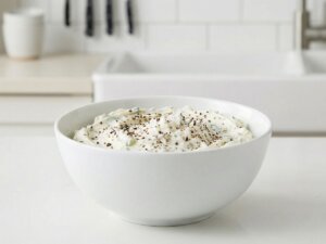 naerbillede af floedeostblanding krydret med salt og peber klar til at blive brugt som fyld i moerbrad