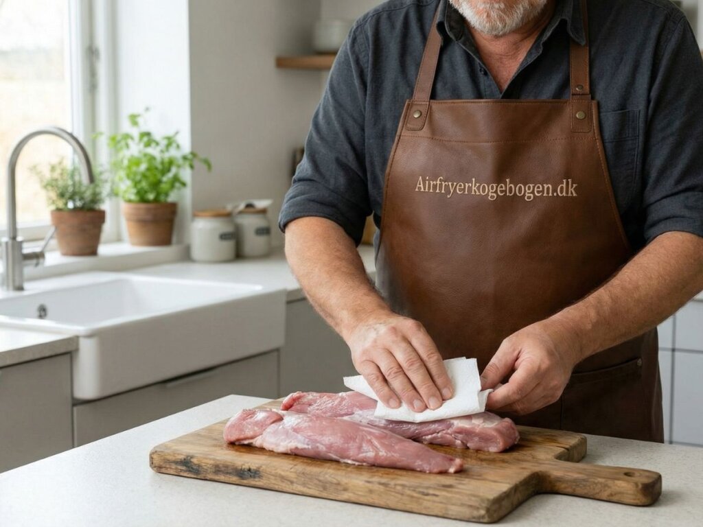 Morten dupper fersk svinemoerbrad toer med koekkenrulle paa et traespaekbraet i sit koekken