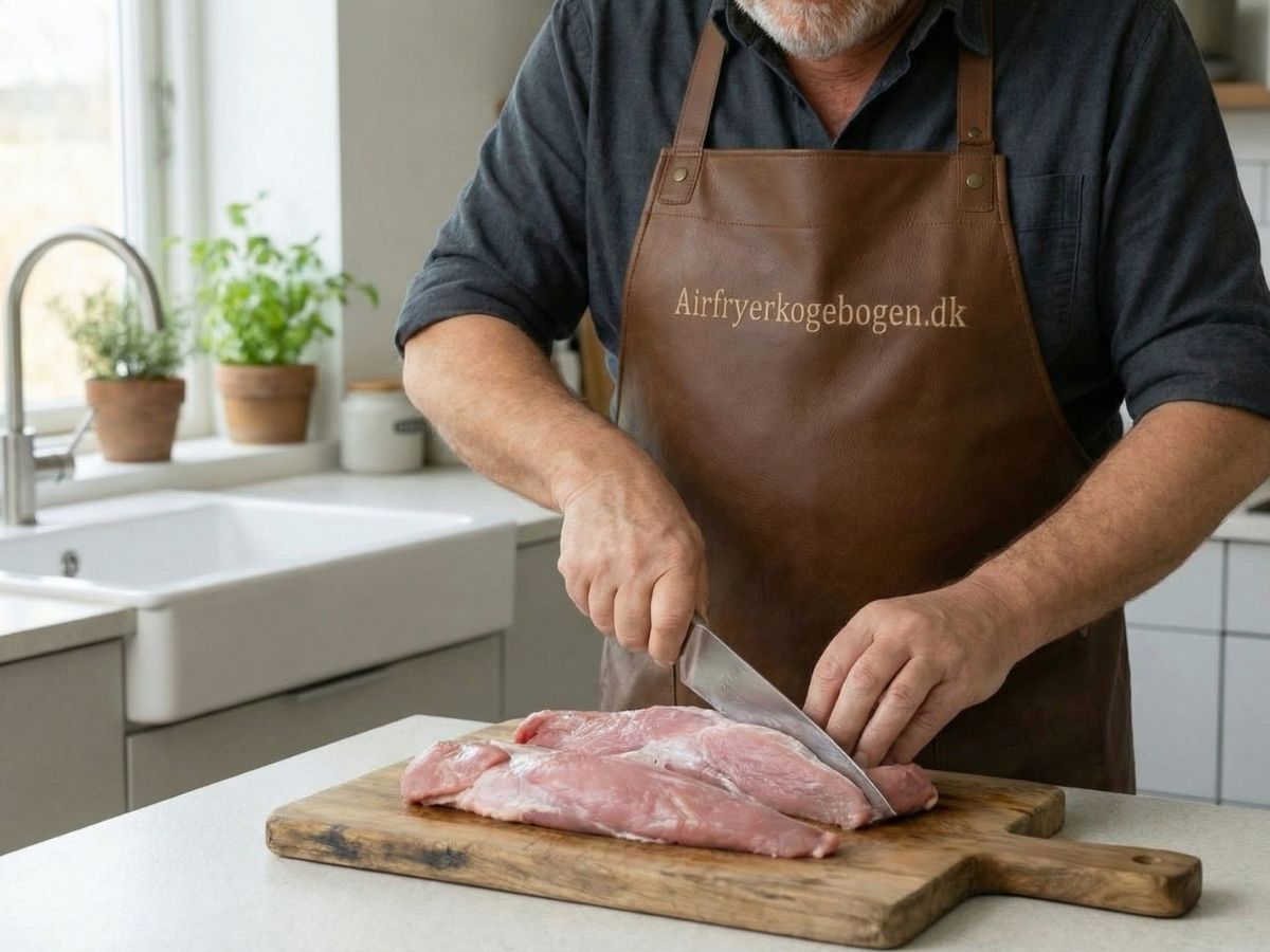 svinemoerbrad skaeres op paa langs til sommerfuglesnit saa den er klar til at blive fyldt med floedeost