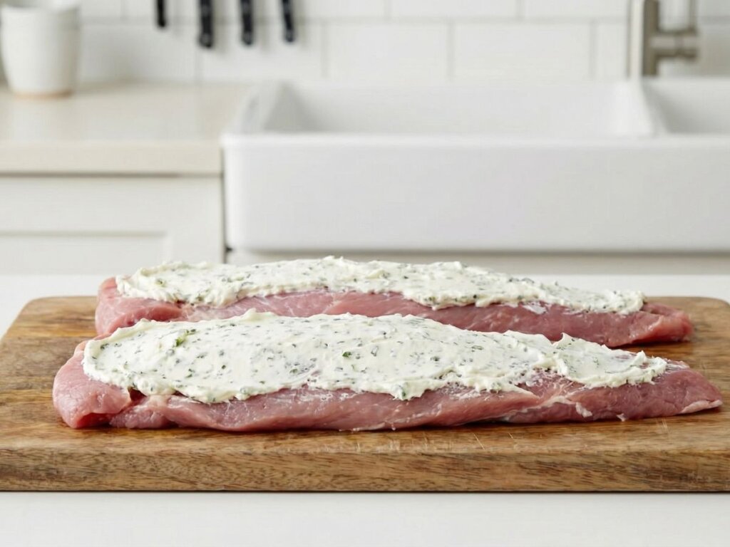 et tykt lag urtefloedeost fordeles inde i den opskaarne svinemoerbrad paa koekkenbordet