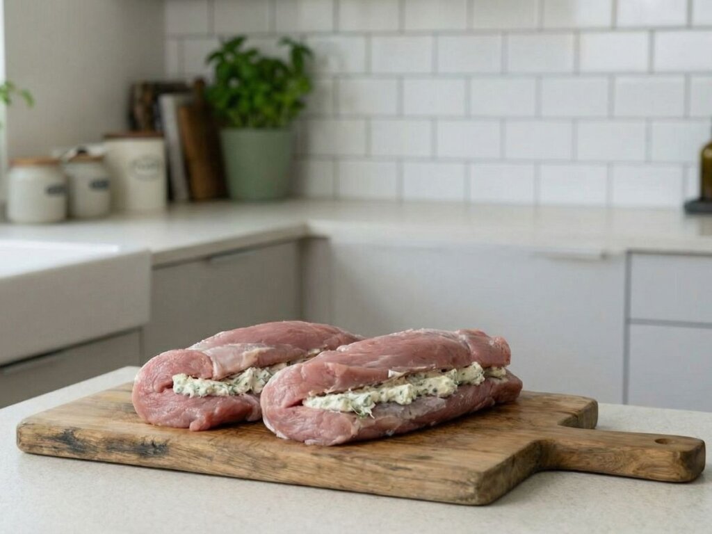 den fyldte svinemoerbrad foldes sammen om floedeosten saa den genvinder sin form