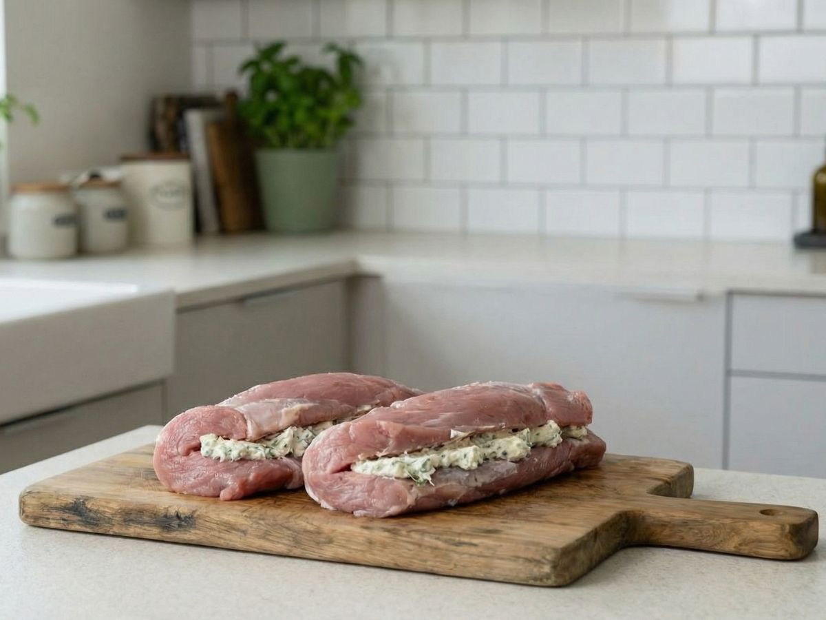 den fyldte svinemoerbrad foldes sammen om floedeosten saa den genvinder sin form