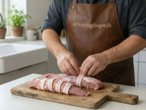 Morten vikler bacon skiver stramt omkring den fyldte svinemoerbrad saa fyldet holdes paa plads