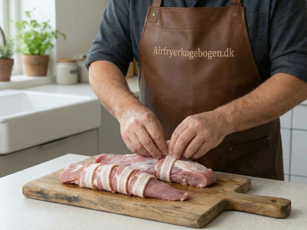 Morten vikler bacon skiver stramt omkring den fyldte svinemoerbrad saa fyldet holdes paa plads