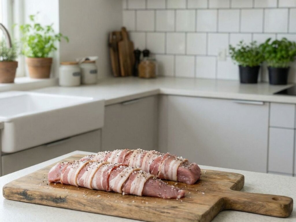 raa bacon svoebt moerbrad krydres med salt og peber inden tilberedning i airfryer