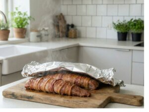 den faerdige bacon svoebte moerbrad hviler paa et spaekbraet daekket med soelvpapir for at samle saften