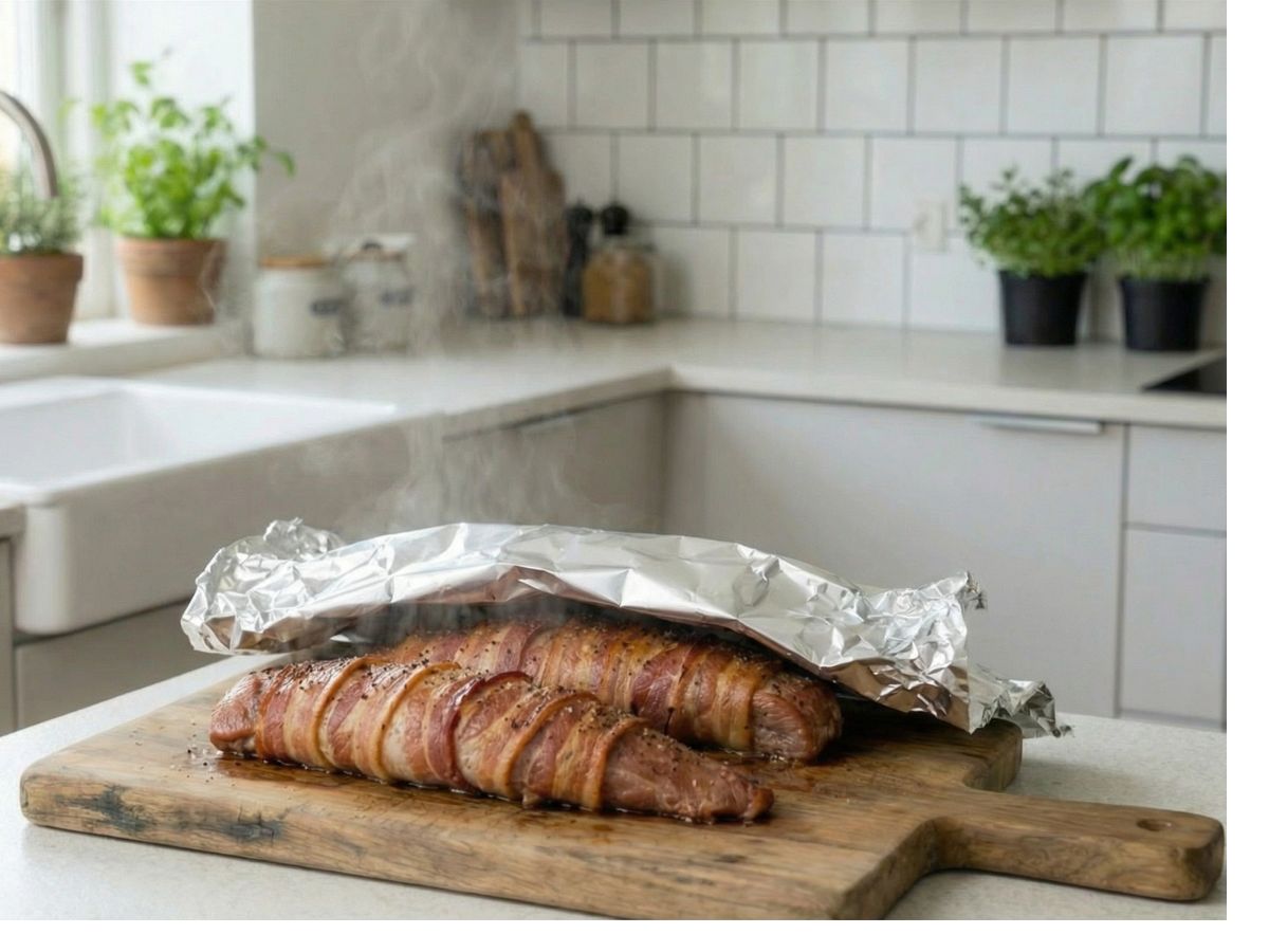 den faerdige bacon svoebte moerbrad hviler paa et spaekbraet daekket med soelvpapir for at samle saften