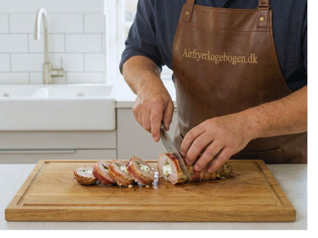 Morten skaerer den saftige svinemoerbrad med floedeost og bacon i skiver klar til servering