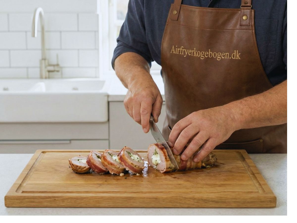 Morten skaerer den saftige svinemoerbrad med floedeost og bacon i skiver klar til servering