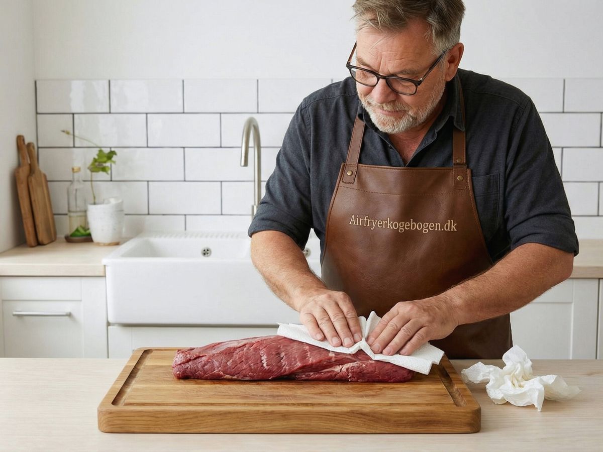 Morten dupper den ferske oksemoerbrad toer med koekkenrulle paa et traeskaerebraet inden krydring
