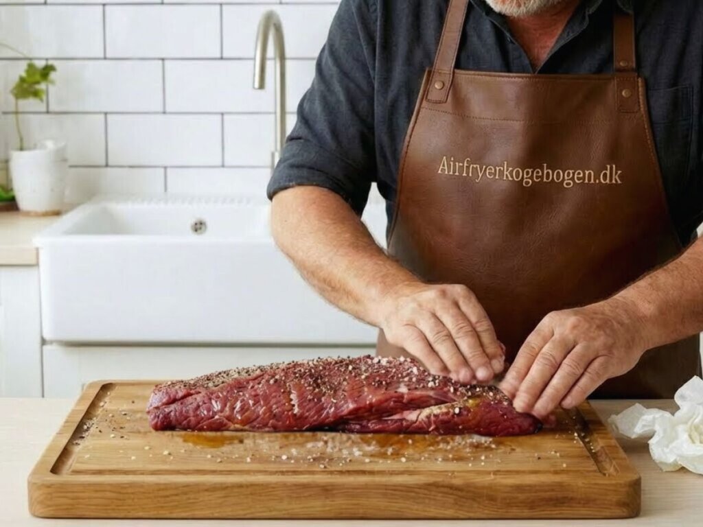 naerbillede af Morten der gnider oksemoerbraden ind i olie groft salt og friskkvaernet peber