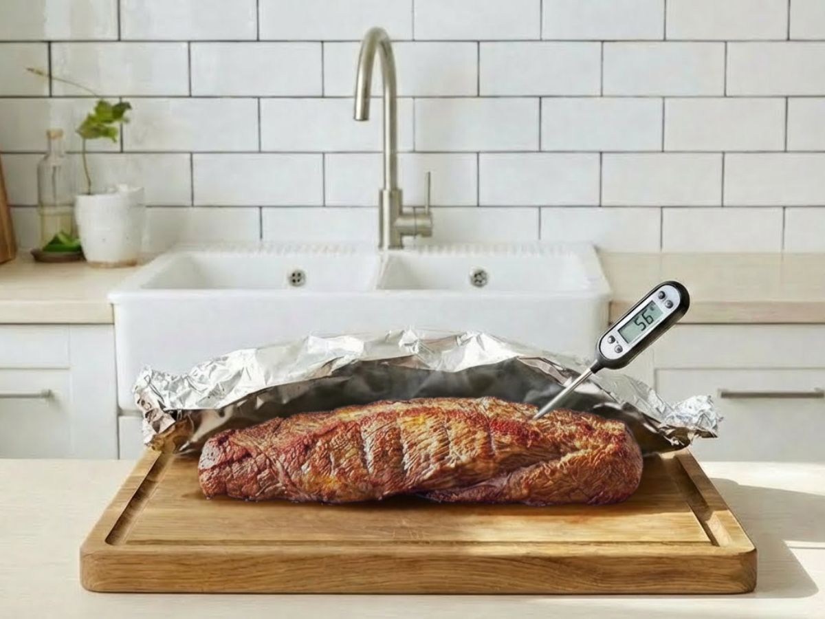 den stegte oksemoerbrad hviler paa et skaerebraet under soelvpapir for at holde paa saften inden udskaering