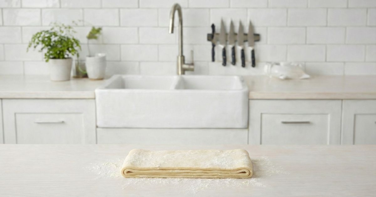 Sprød og luftig wienerdej med tydelige lag på køkkenbord som wienerbrødsdej